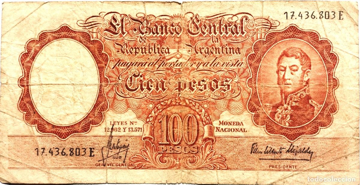 Billetes extranjeros: ARGENTINA (1966) - 100 PESOS MONEDA NACIONAL - LEYES N&deg;12962 Y 13571 - 17.436.803 E - PICK#272c - B