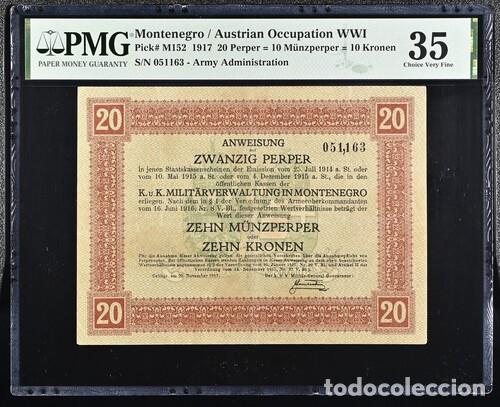 Billetes extranjeros: MONTENEGRO * OCUPACION AUSTRIACA * BILLETE 20 PERPER - 10 KRONEN 1917 * PMG-35 (IC-1921)