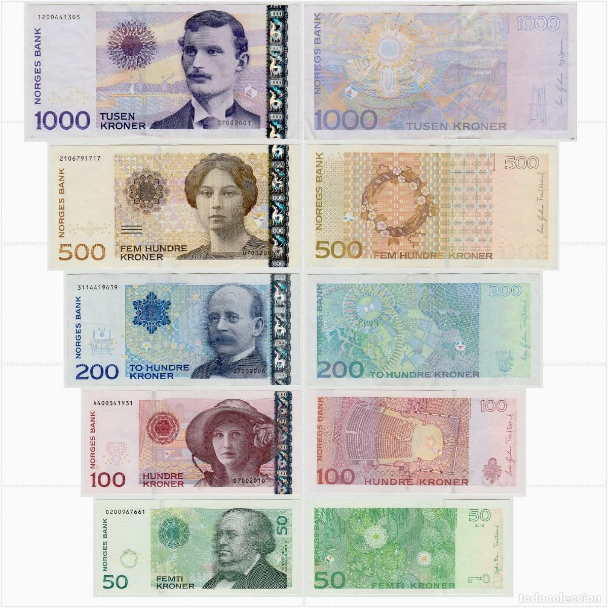 Billetes extranjeros: Noruega Set 5 pcs 50 100 200 500 y 1000 Coronas 2001-2015 (los de las fotos)