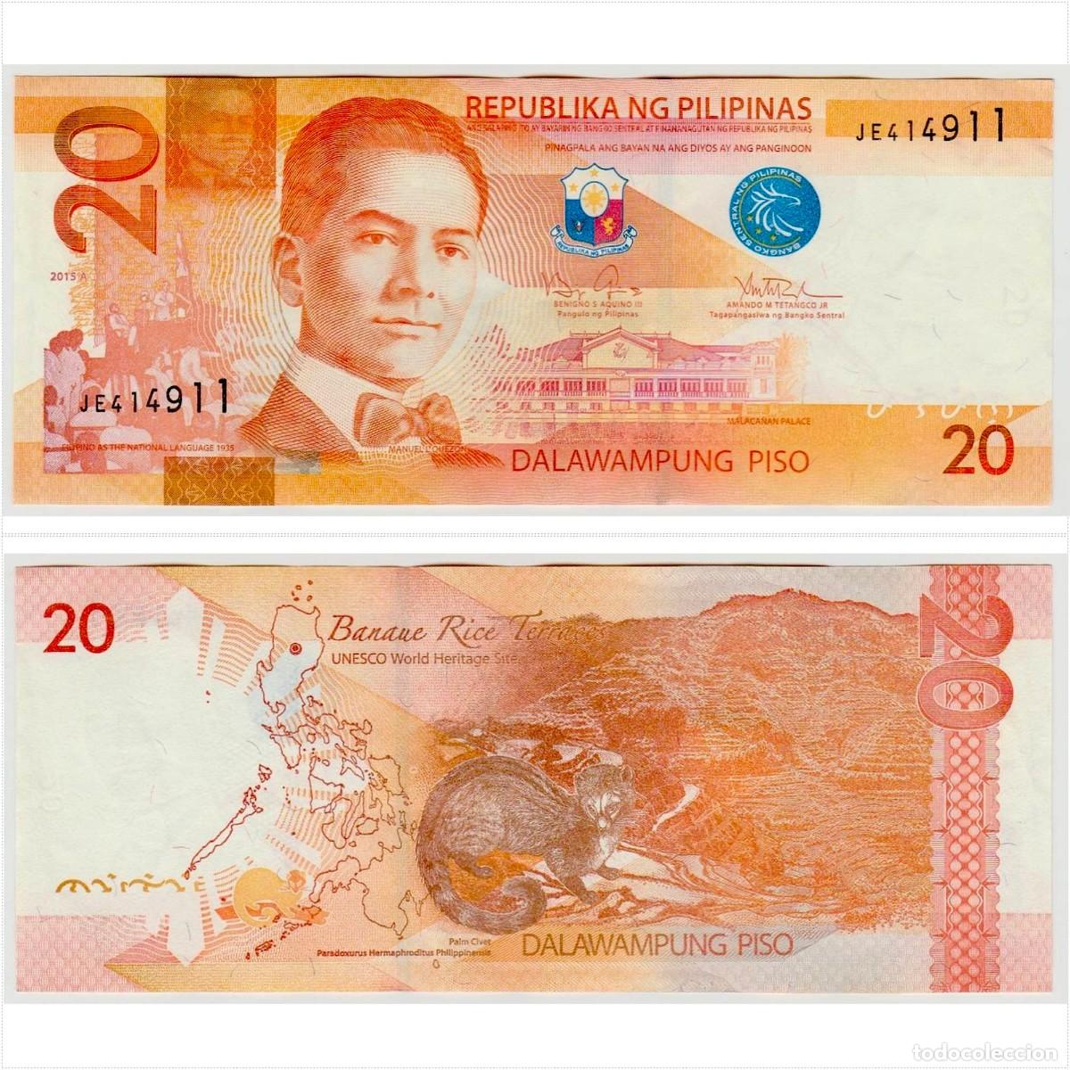 Billetes extranjeros: Filipinas 20 Pesos 2015A n/s JE414911 Circulado (el billete de la foto)