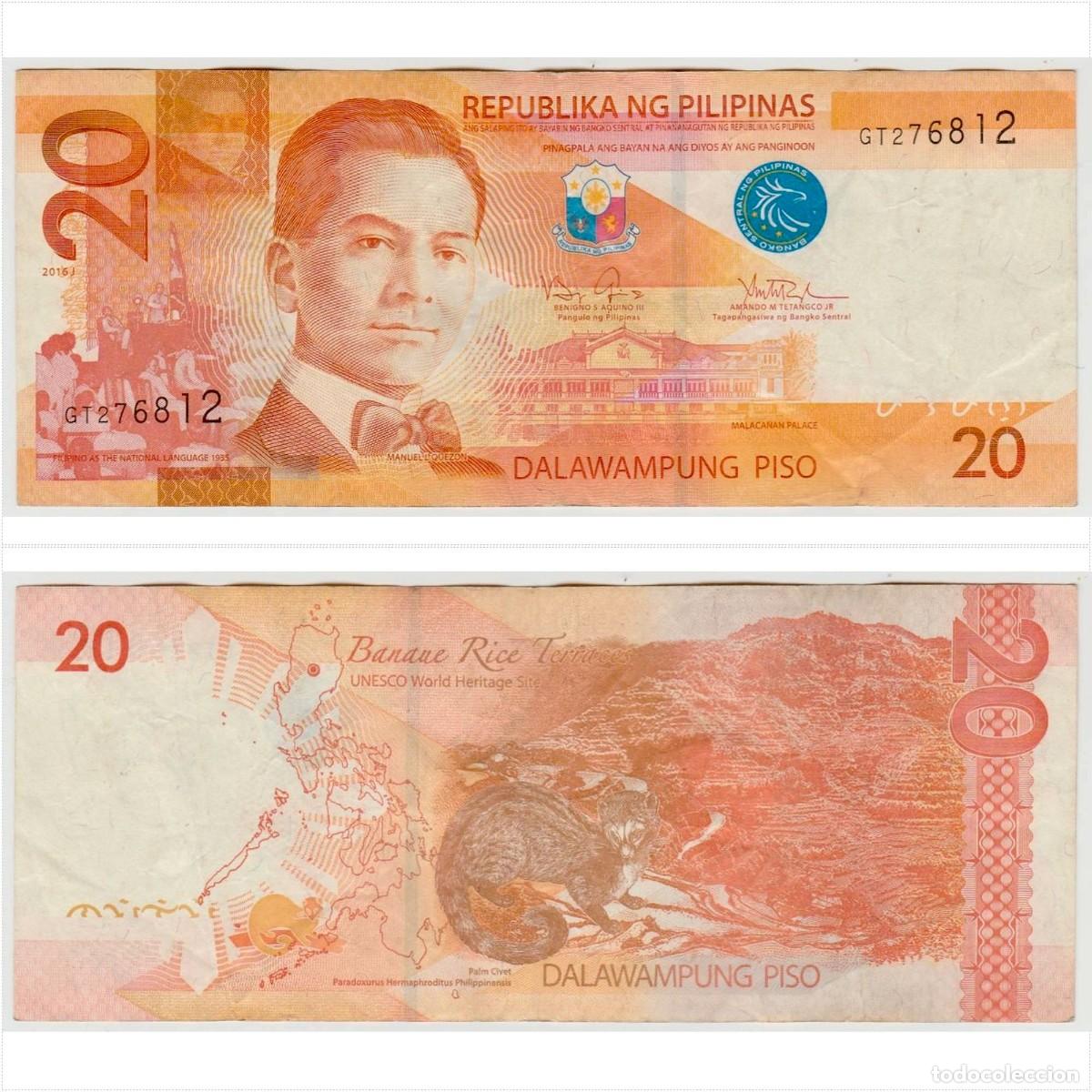 Billetes extranjeros: Filipinas 20 Pesos 2016 n/s GT276812 Circulado (el billete de la foto)