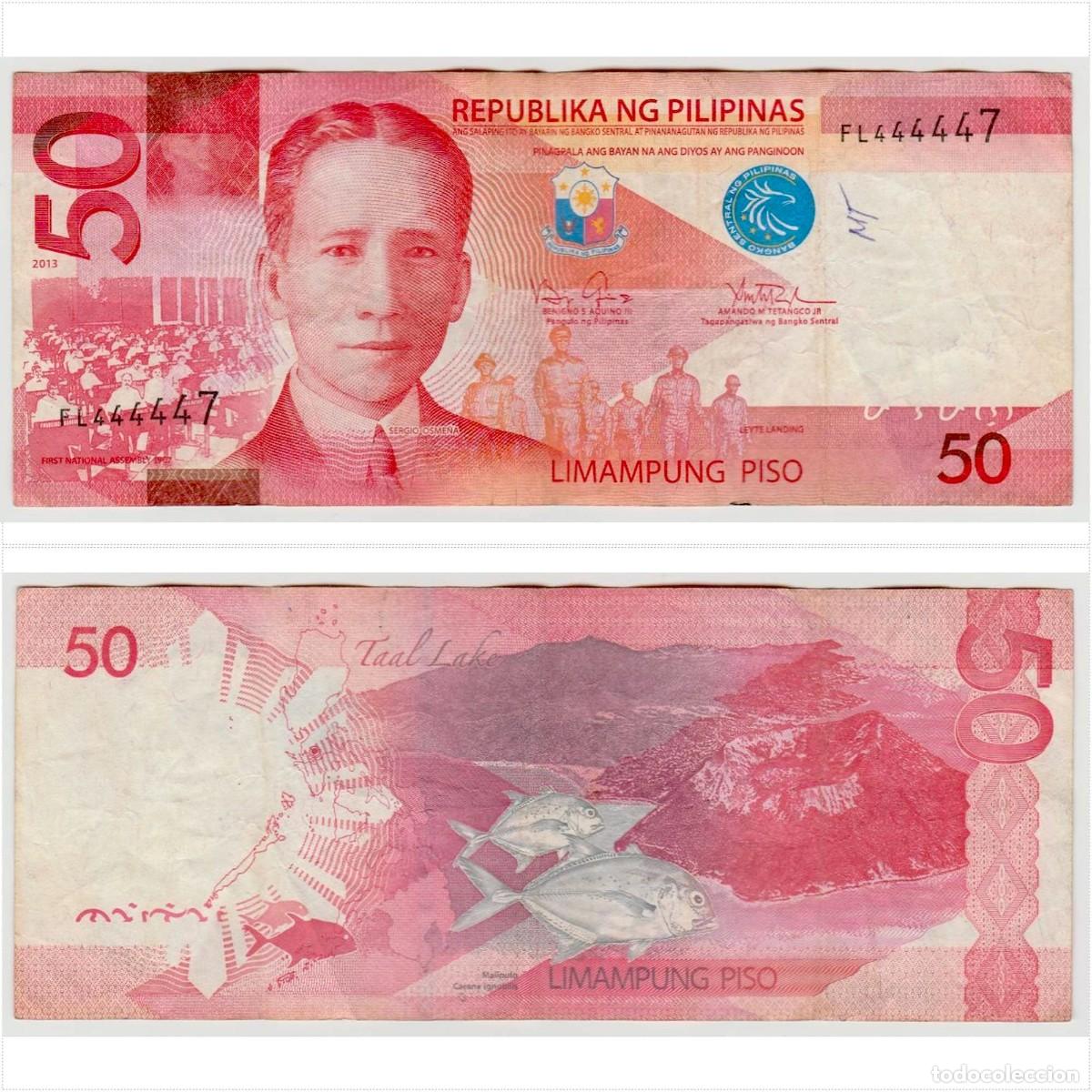 Billetes extranjeros: Filipinas 50 Pesos 2013 n/s FL444447 Circulado (el billete de la foto)