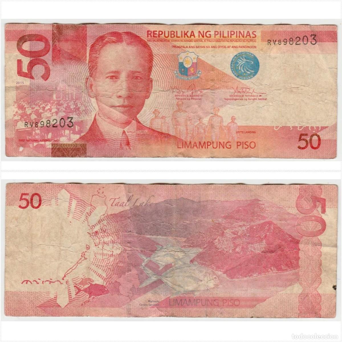 Billetes extranjeros: Filipinas 50 Pesos 2015 n/s RV898203 Circulado (el billete de la foto)
