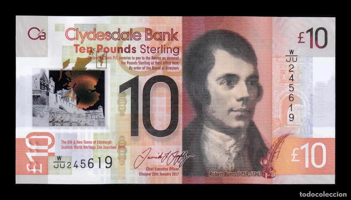 Billetes extranjeros: scocia Clydesdale Bank 10 Libras Robert Burns 2017 Pick 229Q Pol&iacute;mero Sc Unc