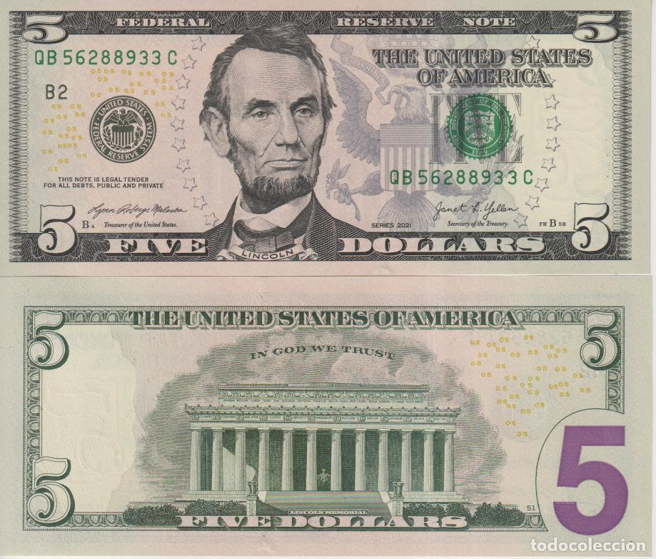 Billetes extranjeros: Estados Unidos EE UU 5 dollars del 2021 Pick W 551 letra B SC/UNC