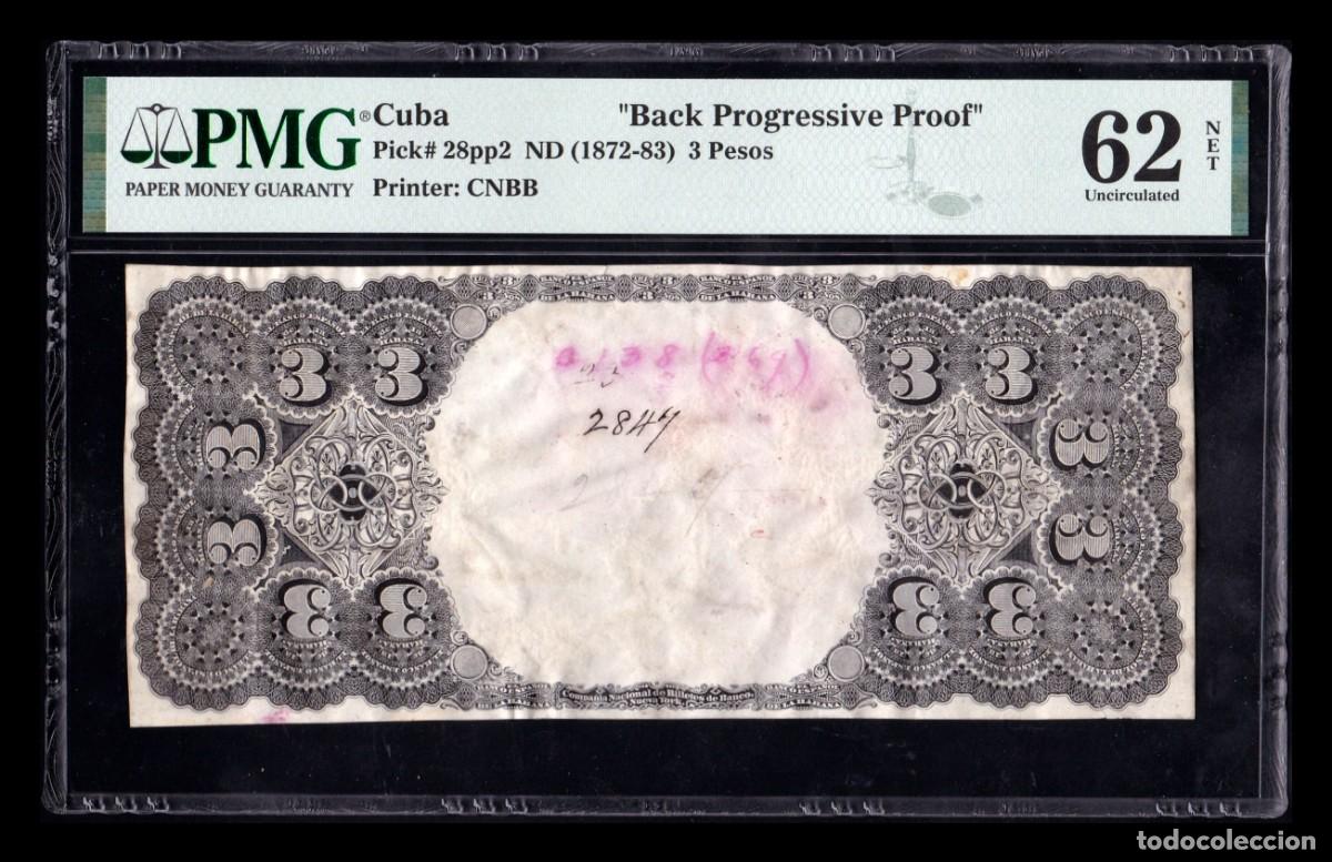 Billetes extranjeros: Cuba 3 Pesos 1872-1883 Pick 28pp2 Prueba de impresi&oacute;n PMG 62 Sc Unc