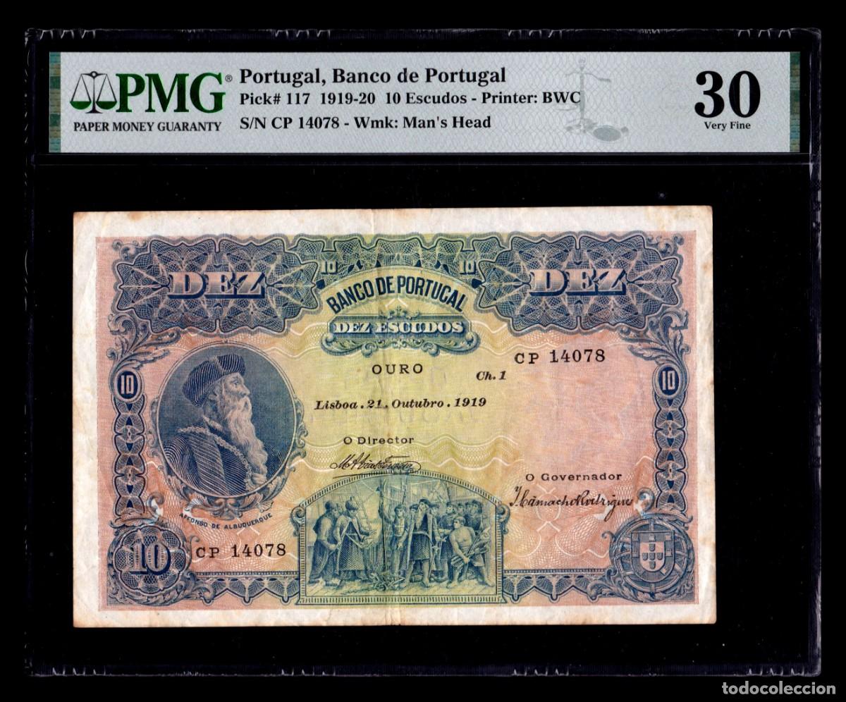 Billetes extranjeros: Portugal 10 Escudos Afonso de Albuquerque 1919 Pick 117 PMG 30 Mbc Vf