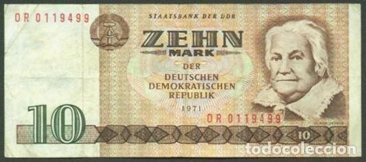 Notas Internacionais: ALEMANIA (ORIENTAL, DDR). 10 mark 1971. Pick 28 b. Letras y numeros estrechos.