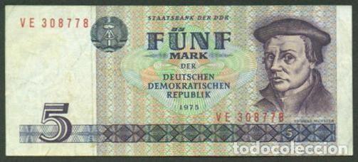 Internationale Banknoten: ALEMANIA (ORIENTAL, DDR). 5 mark 1975. Pick 28 b. Letras y numeros estrechos.