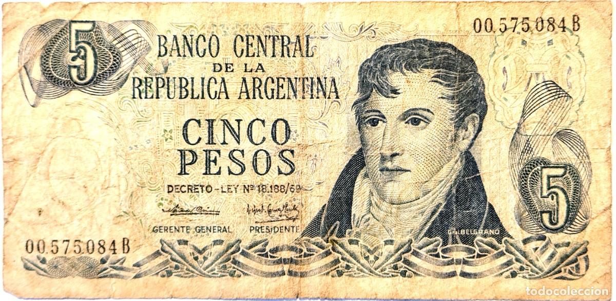 Billetes extranjeros: ARGENTINA (1974) - 5 PESOS DECRETO-LEY 18.188-69 - 00.575.084 B - PICK#294 - MB
