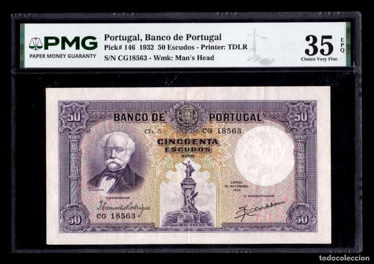 Billetes extranjeros: Portugal 50 Escudos Duque de Saldanha 1932 Pick 146(4) PMG 35 EPQ Mbc/+ Vf/+