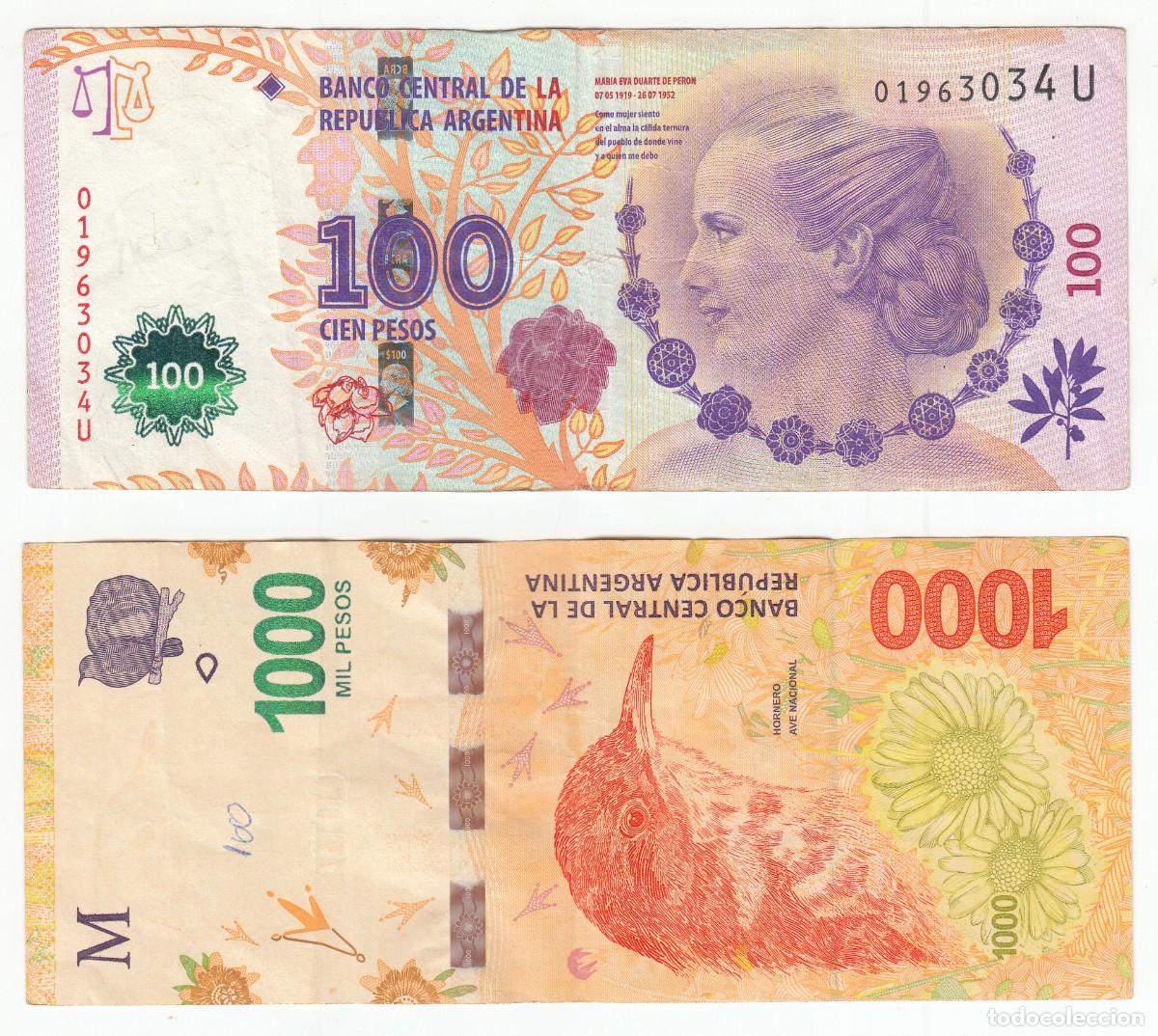Billetes extranjeros: BILLETES DE 100 Y 1000 PESOS ARGENTINA. HORNERO AVE NACIONAL Y EVA PERON