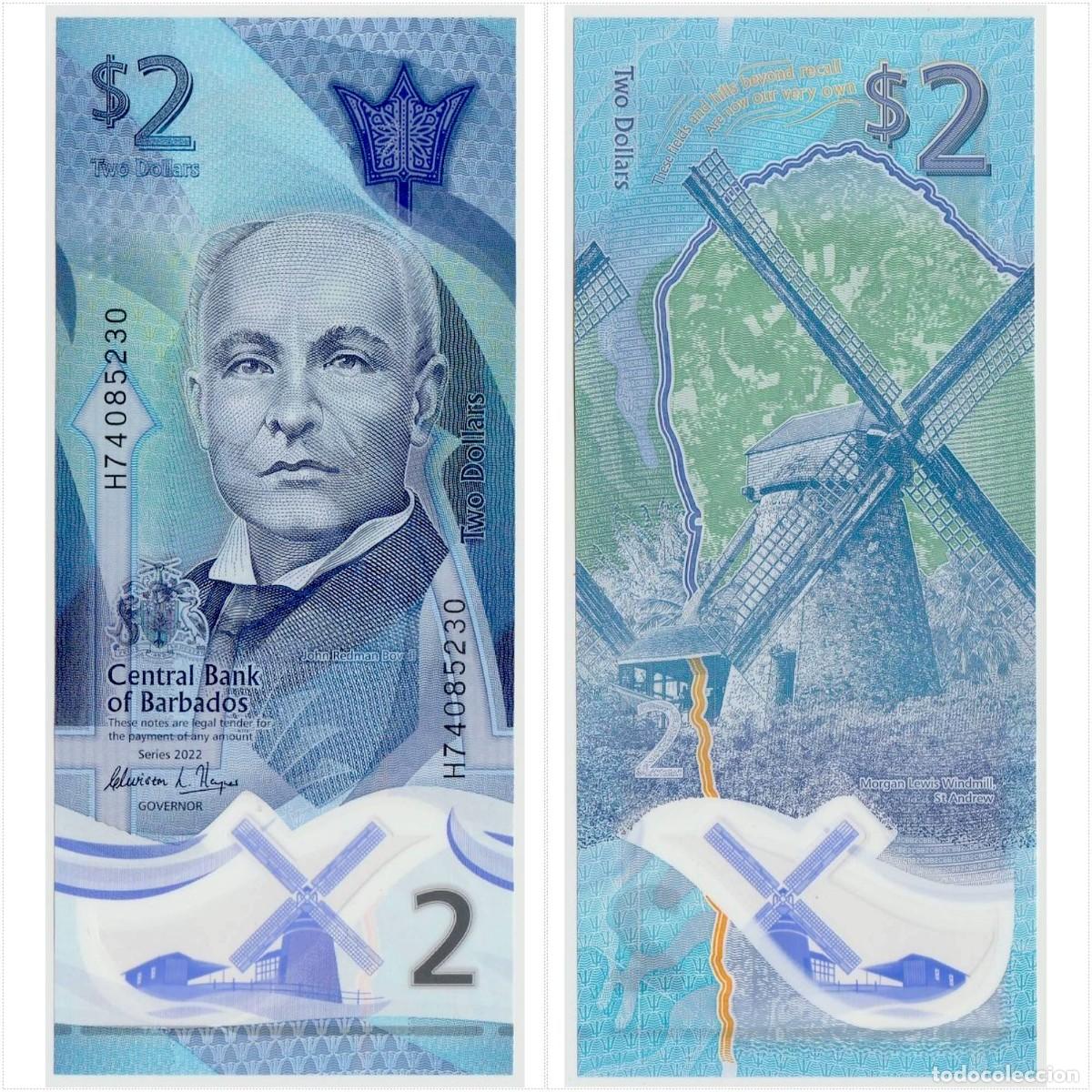 Billetes extranjeros: Barbados 2 D&oacute;lares 2022 n/s H74085230 Pol&iacute;mero Sin Circular (el billete de la foto)