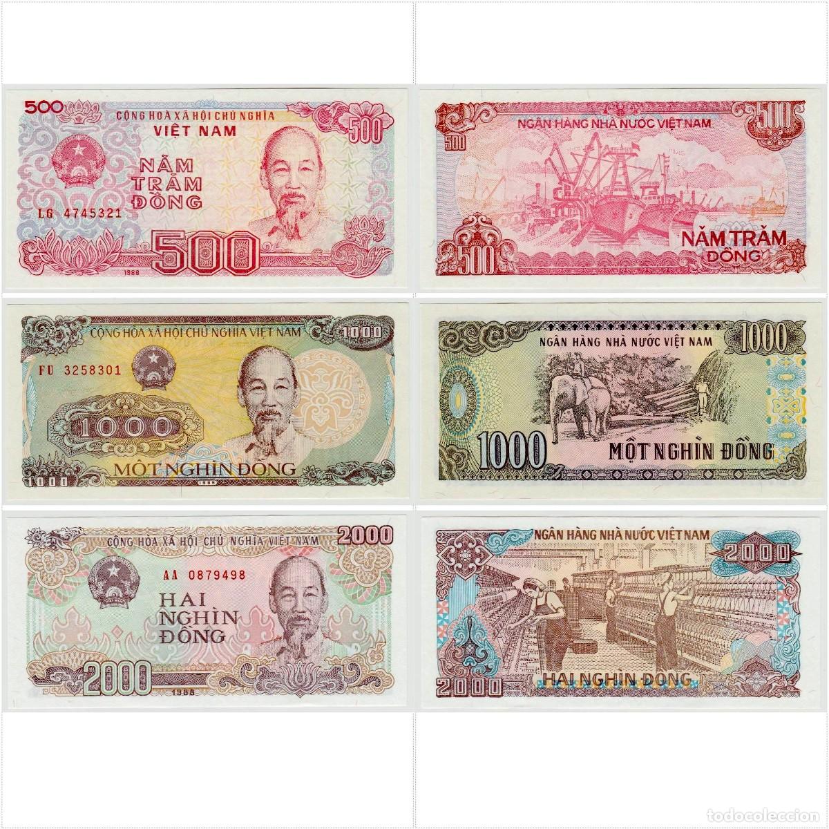 Billetes extranjeros: Vietnam Set 3 pcs 500 1000 y 2000 Dong 1988 Sin Circular
