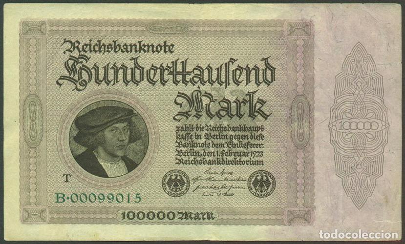 Billetes extranjeros: ALEMANIA (Rep. Weimar). 100000 mark 1.2.1923. Pick 83 c. Con la T a la izq. del retrato. 1 N&ordm; de ser