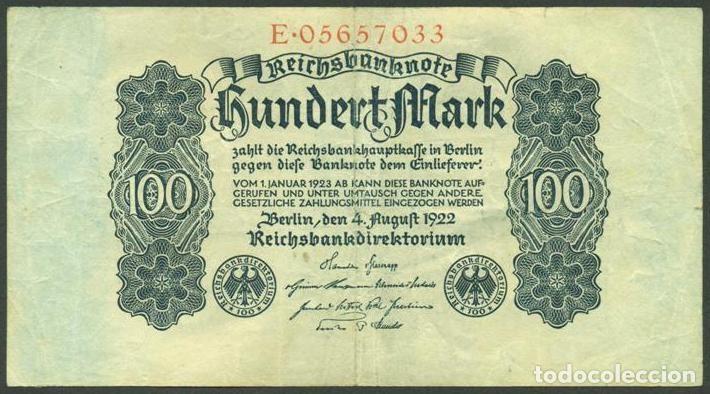 Billetes extranjeros: ALEMANIA (Rep. Weimar). 100 Mark 4.8. 1922. Pick 75.