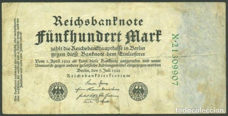 Billetes extranjeros: ALEMANIA (Rep. Weimar). 500 Mark 7.7. 1922. Pick 74c. 8 digitos