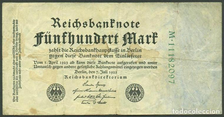 Billetes extranjeros: ALEMANIA (Rep. Weimar). 500 Mark 7.7. 1922. Pick 74c. 8 digitos