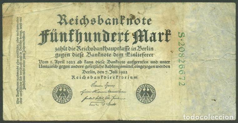Billetes extranjeros: ALEMANIA (Rep. Weimar). 500 Mark 7.7. 1922. Pick 74c. 8 digitos