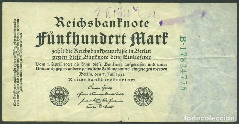 Billetes extranjeros: ALEMANIA (Rep. Weimar). 500 Mark 7.7. 1922. Pick 74c. 8 digitos