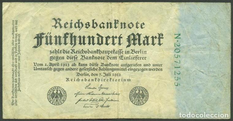 Billetes extranjeros: ALEMANIA (Rep. Weimar). 500 Mark 7.7. 1922. Pick 74c. 8 digitos