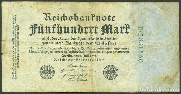 Billetes extranjeros: ALEMANIA (Rep. Weimar). 500 Mark 7.7. 1922. Pick 74b. 7 digitos