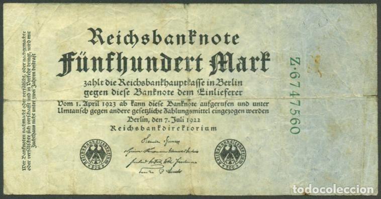 Billetes extranjeros: ALEMANIA (Rep. Weimar). 500 Mark 7.7. 1922. Pick 74b. 7 digitos