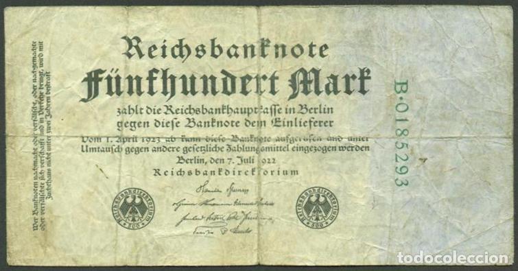 Billetes extranjeros: ALEMANIA (Rep. Weimar). 500 Mark 7.7. 1922. Pick 74b. 7 digitos