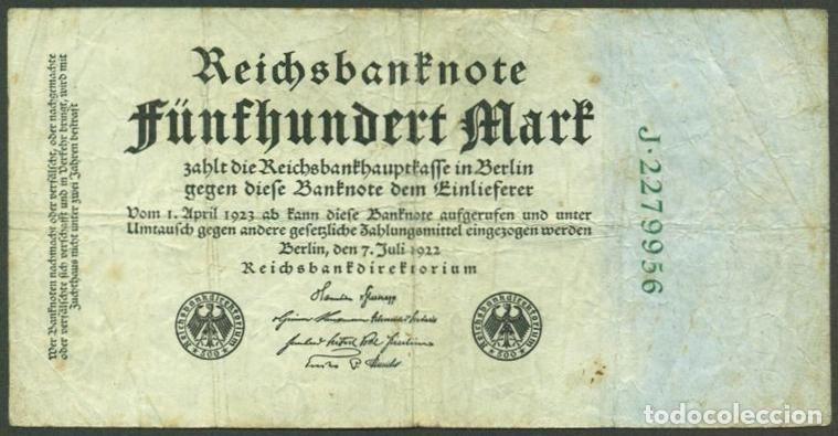 Billetes extranjeros: ALEMANIA (Rep. Weimar). 500 Mark 7.7. 1922. Pick 74b. 7 digitos