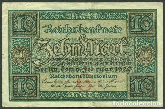 Billetes extranjeros: ALEMANIA (Rep. Weimar). 10 Mark 6.2. 1920. Pick 67.