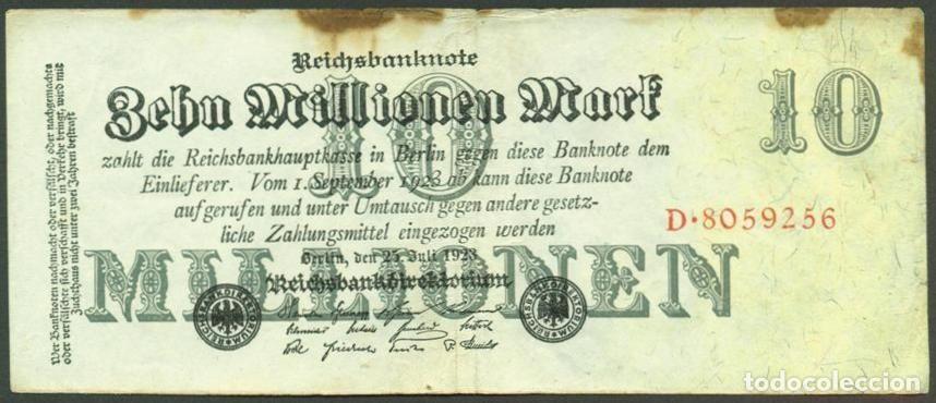Billetes extranjeros: ALEMANIA (Rep. Weimar). 10 millionen mark 25.7. 1923. Pick 96. Unifaz. Ver tipo de numerador.