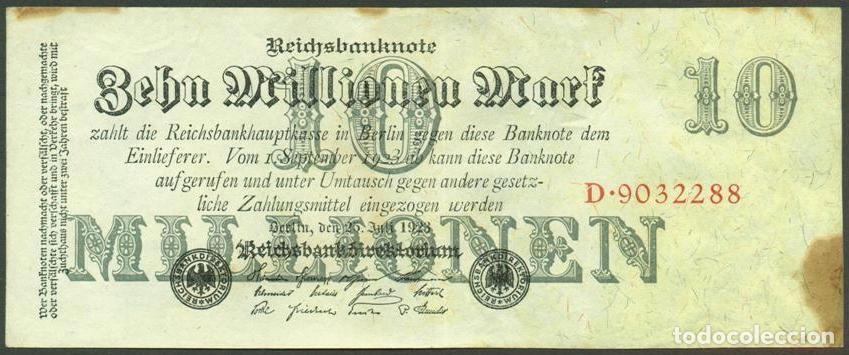 Billetes extranjeros: ALEMANIA (Rep. Weimar). 10 millionen mark 25.7. 1923. Pick 96. Unifaz. Ver tipo de numerador.