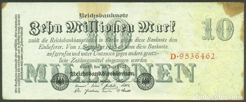 Billetes extranjeros: ALEMANIA (Rep. Weimar). 10 millionen mark 25.7. 1923. Pick 96. Unifaz. Ver tipo de numerador.