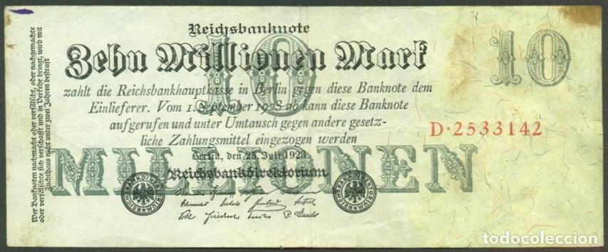 Billetes extranjeros: ALEMANIA (Rep. Weimar). 10 millionen mark 25.7. 1923. Pick 96. Unifaz. Ver tipo de numerador.