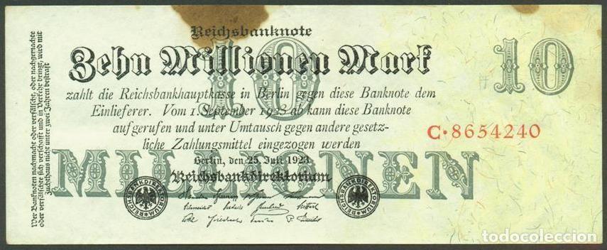 Billetes extranjeros: ALEMANIA (Rep. Weimar). 10 millionen mark 25.7. 1923. Pick 96. Unifaz. Ver tipo de numerador.
