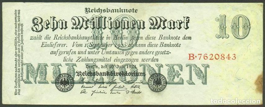 Billetes extranjeros: ALEMANIA (Rep. Weimar). 10 millionen mark 25.7. 1923. Pick 96. Unifaz. Ver tipo de numerador.