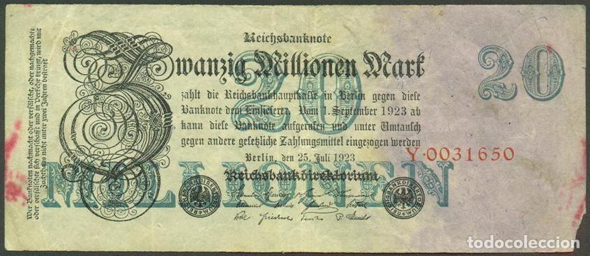 Billetes extranjeros: ALEMANIA (Rep. Weimar). 20 millionen mark 25.7. 1923. Pick 97. Unifaz. Ver tipo de numerador.