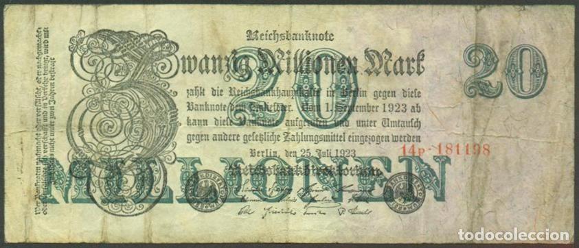 Billetes extranjeros: ALEMANIA (Rep. Weimar). 20 millionen mark 25.7. 1923. Pick 97. Unifaz. Ver tipo de numerador.
