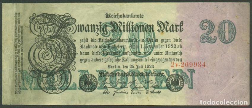 Billetes extranjeros: ALEMANIA (Rep. Weimar). 20 millionen mark 25.7. 1923. Pick 97. Unifaz. Ver tipo de numerador.
