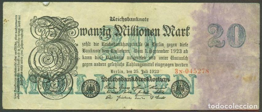 Billetes extranjeros: ALEMANIA (Rep. Weimar). 20 millionen mark 25.7. 1923. Pick 97. Unifaz. Ver tipo de numerador.