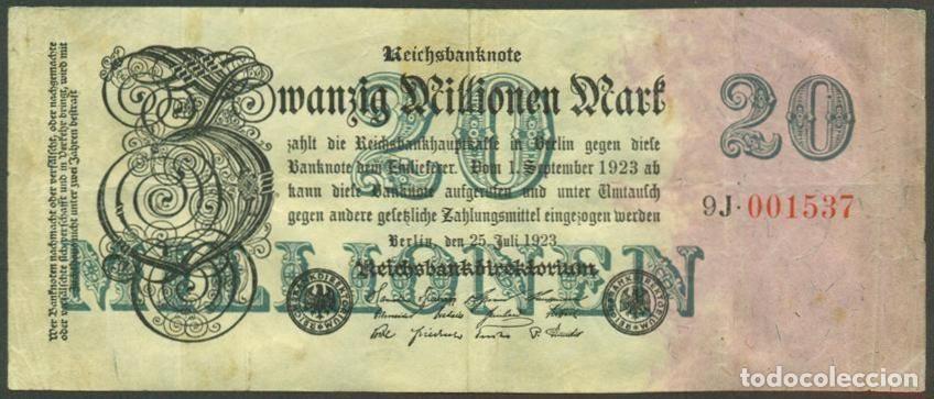 Billetes extranjeros: ALEMANIA (Rep. Weimar). 20 millionen mark 25.7. 1923. Pick 97. Unifaz. Ver tipo de numerador.
