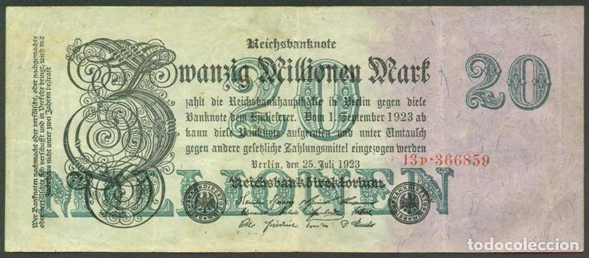 Billetes extranjeros: ALEMANIA (Rep. Weimar). 20 millionen mark 25.7. 1923. Pick 97. Unifaz. Ver tipo de numerador.