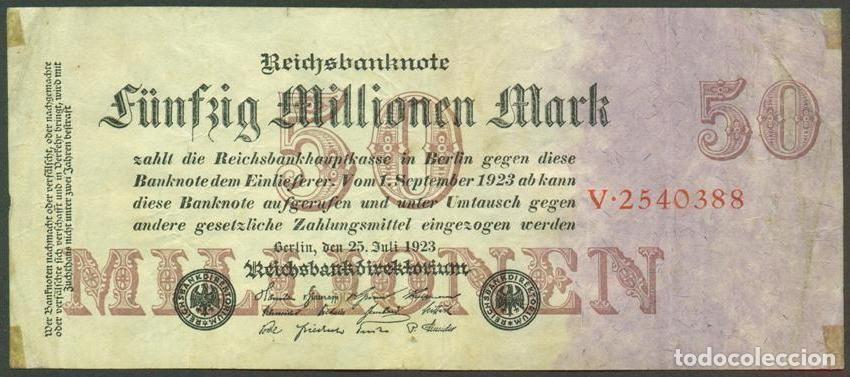 Billetes extranjeros: ALEMANIA (Rep. Weimar). 50 millionen mark 25.7. 1923. Pick 98. Unifaz. Ver tipo de numerador.