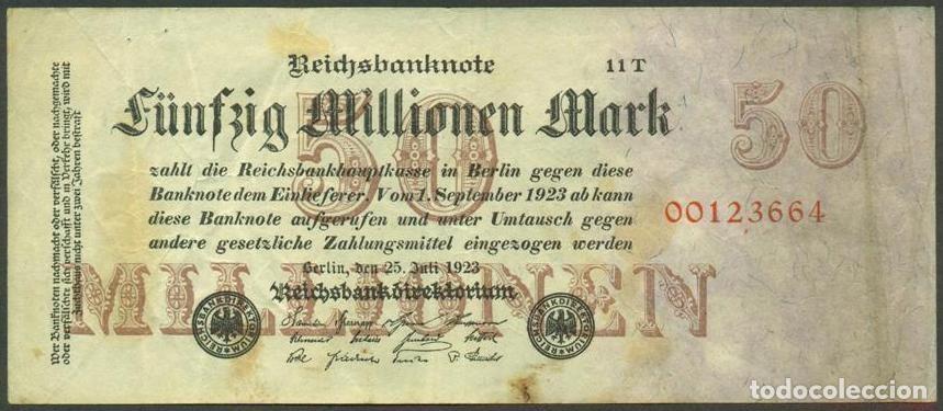 Billetes extranjeros: ALEMANIA (Rep. Weimar). 50 millionen mark 25.7. 1923. Pick 98. Unifaz. Ver tipo de numerador.