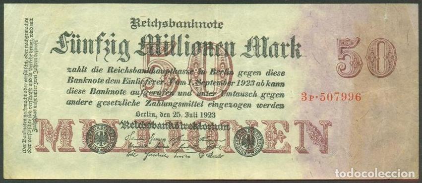 Billetes extranjeros: ALEMANIA (Rep. Weimar). 50 millionen mark 25.7. 1923. Pick 98. Unifaz. Ver tipo de numerador.