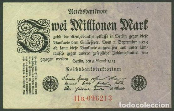 Billetes extranjeros: ALEMANIA (Rep. Weimar). 2 millionen mark 9.8. 1923. Pick 103. Unifaz.
