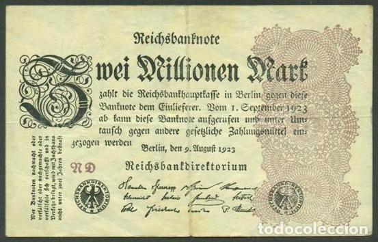 Billetes extranjeros: ALEMANIA (Rep. Weimar). 2 millionen mark 9.8. 1923. Pick 104. Unifaz.