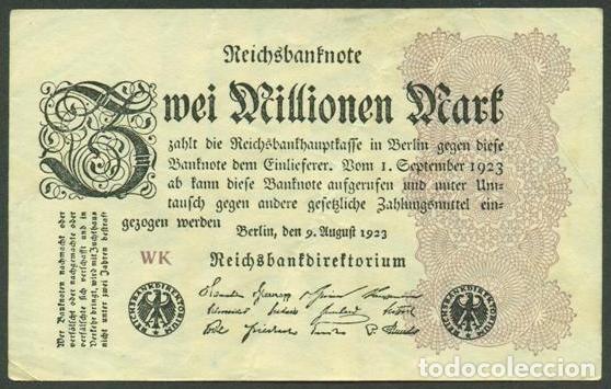 Billetes extranjeros: ALEMANIA (Rep. Weimar). 2 millionen mark 9.8. 1923. Pick 104. Unifaz.