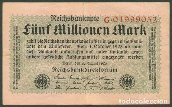 Billetes extranjeros: ALEMANIA (Rep. Weimar). 5 millionen mark 20.8. 1923. Pick 105. Unifaz.