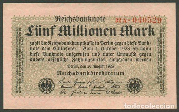 Billetes extranjeros: ALEMANIA (Rep. Weimar). 5 millionen mark 20.8. 1923. Pick 105. Unifaz.